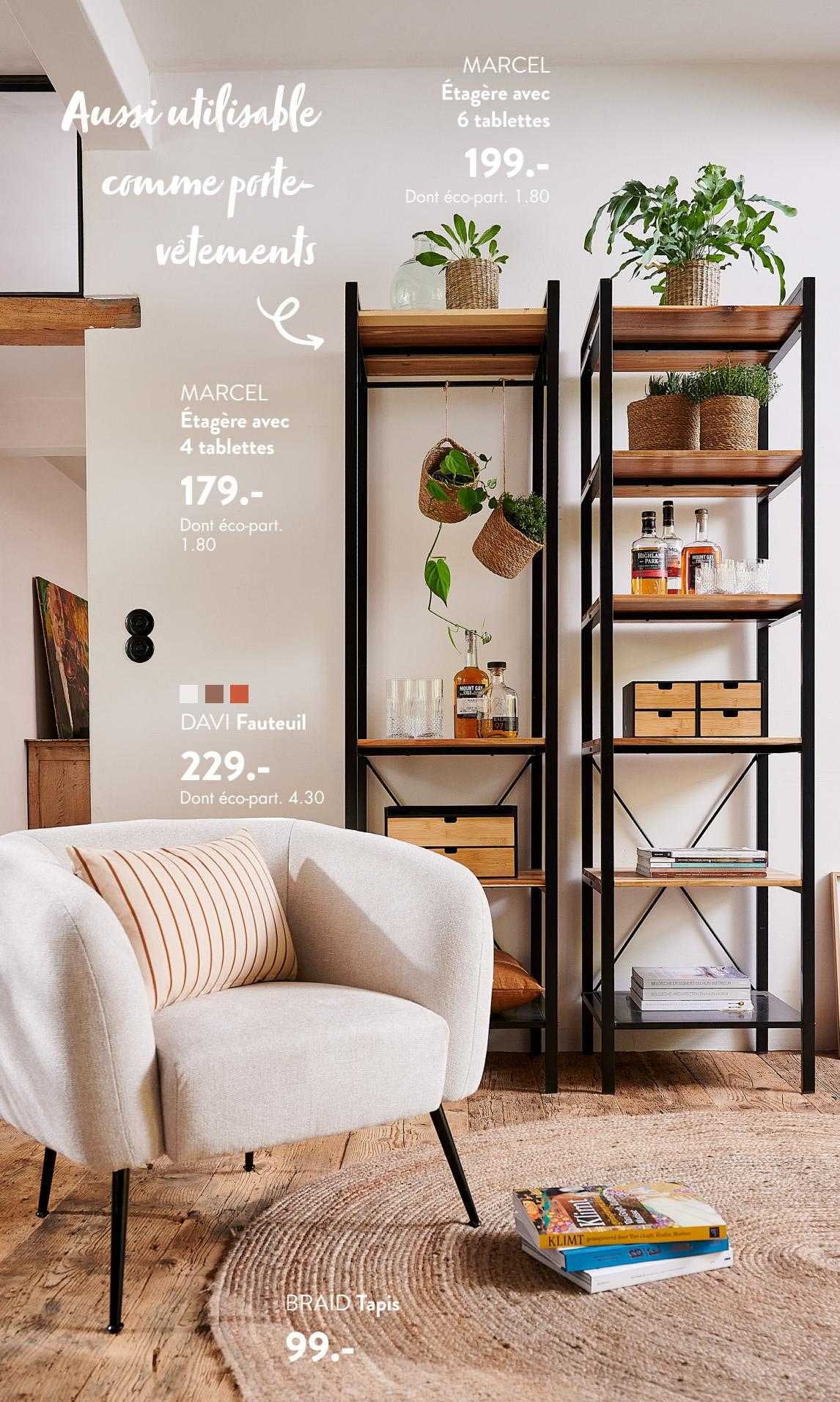 étagère avec 4 tablettes marcel, fauteuil davi, tapis braid, étagère avec 6 tablettes marcel