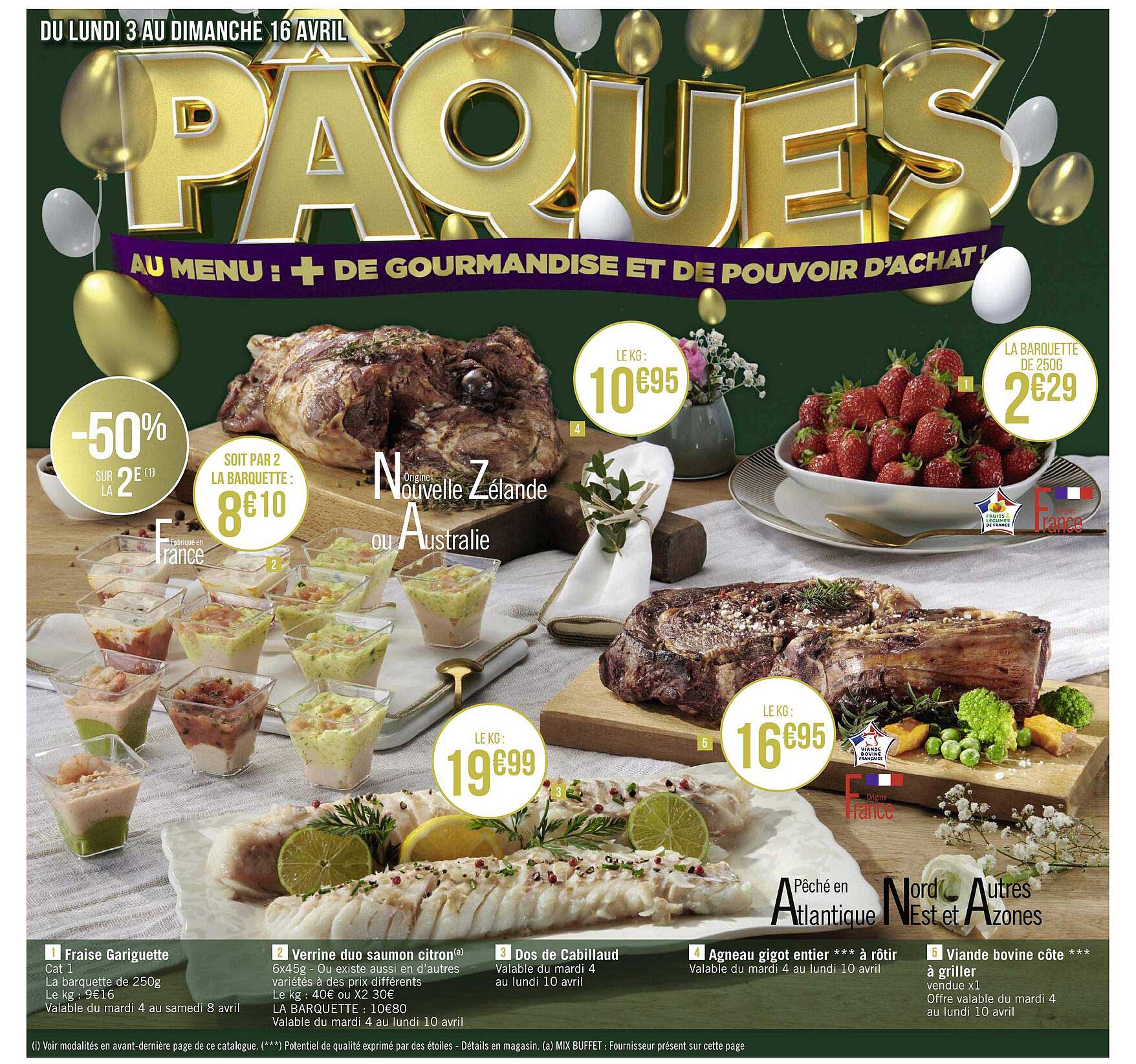 fraise gariguette, verrine duo saumon citron, dos de cabillaud, agneau gigot entier***à rôtir, viande bovine côte***à griller