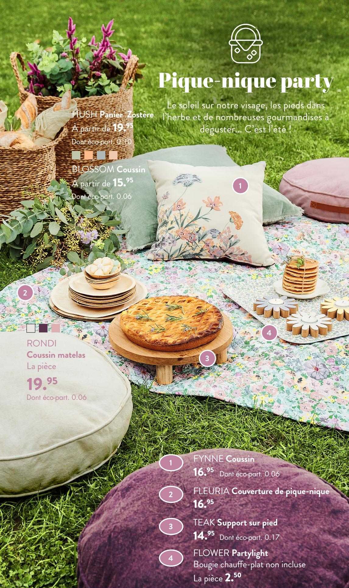 panier zostère hush, coussin blossom, coussin matelas rondi, coussin fynn, couverture de pique-nique fleuria, support sur pied teak, partylight flower