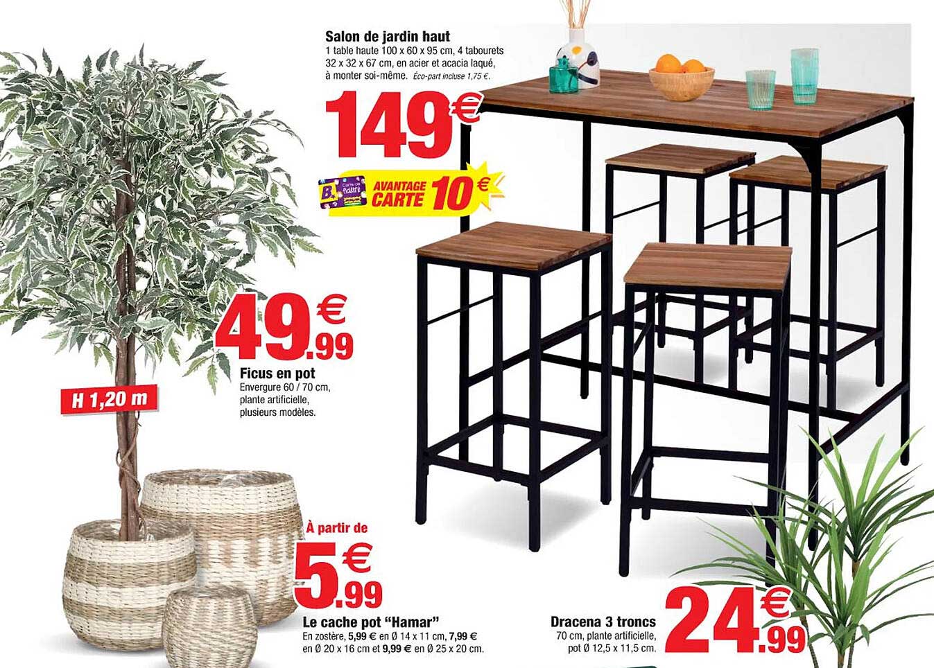 salon de jardin haut, ficus en pot, le cache pot "hamar", dracena 3 troncs