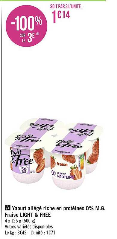 yaourt allégé riche en protéines 0% m.g. fraise light & free
