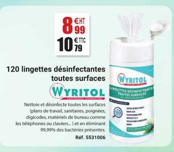120 lingettes désinfectantes toutes surfaces wyritol