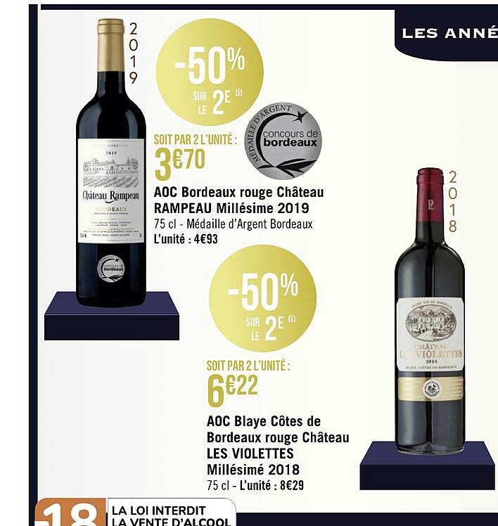 aoc bordeaux rouge château rampeau millésimé 2019, aoc blaye côtes de bordeaux rouge château les violettes millésimé 2018