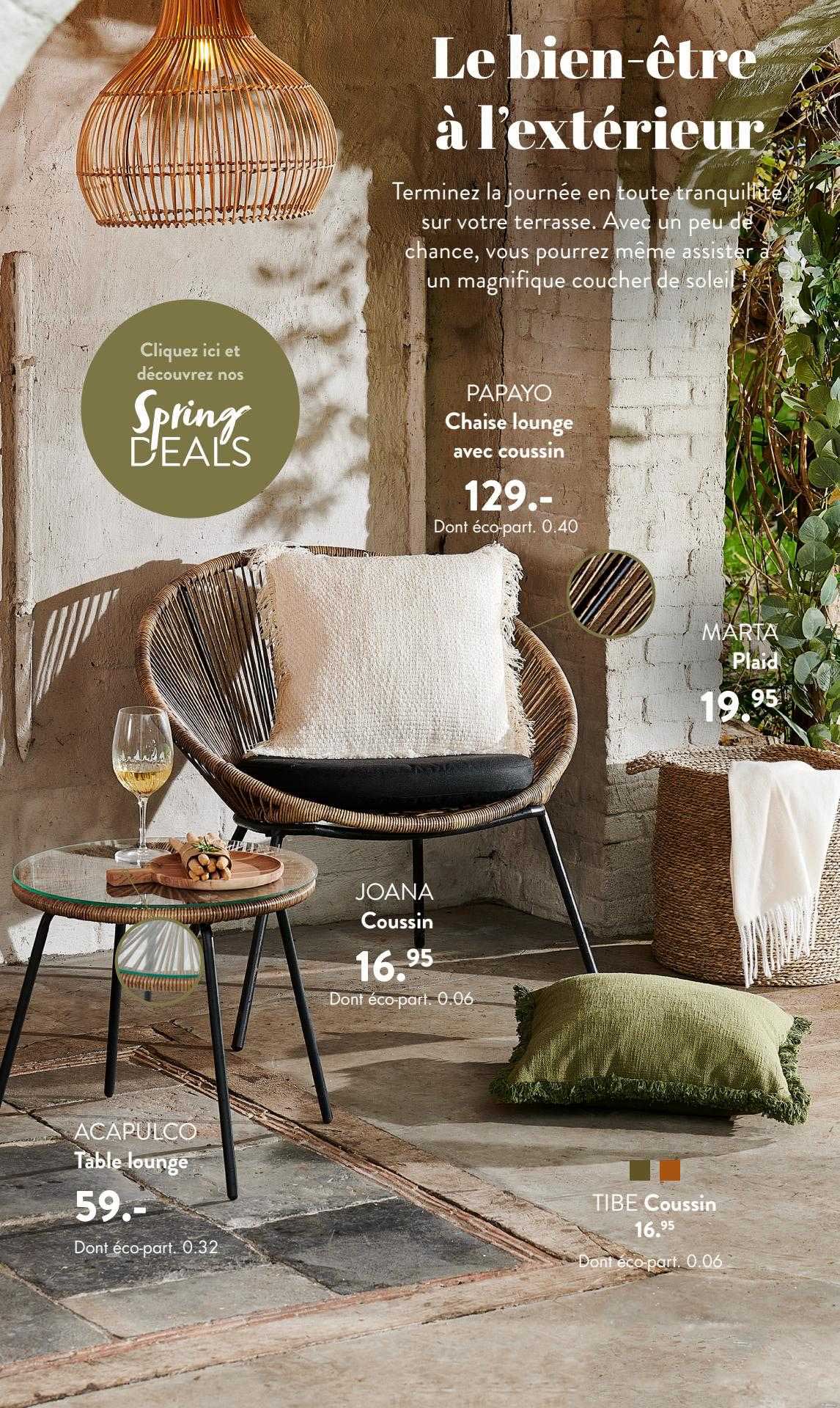 chaise lounge avec coussin papayo, coussin joana, plaid marta, table lounge acapulco