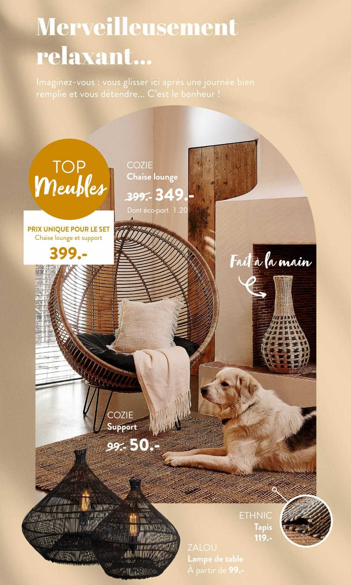 chaise lounge cozie, support cozie, tapis éthnic, lampe de table zalou