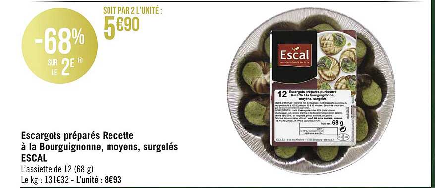 escargots préparés recette à la bourguignonne, moyens, surgelés escal