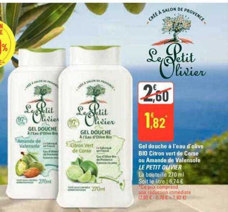 gel douche à l'eau d'olive bio citron vert de corse ou amande de valensole le petit olivier