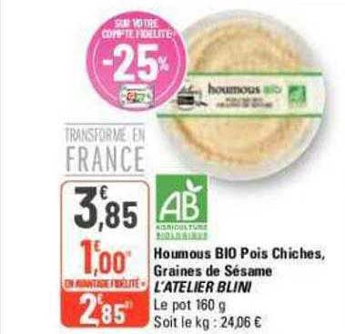 houmous bio pois chiches, graines de sésame l'atelier blini