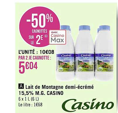 lait de montagne demi-écrémé 15,5% m.g. casino
