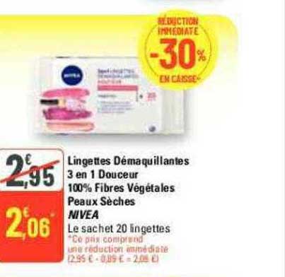 lingettes démaquillantes 3 en 1 douceur 100% fibres végétales peaux sèches nivea