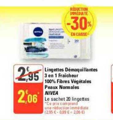 lingettes démaquillantes 3 en 1 fraîcheur 100% fibres végétales peaux normales nivea