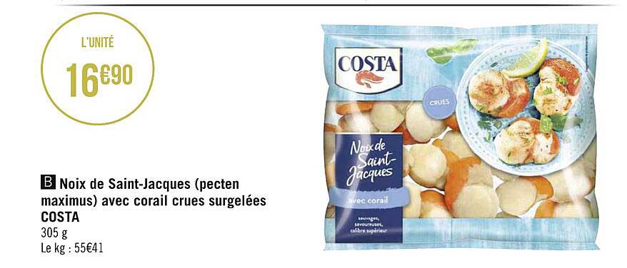 noix de saint-jacques (pecten maximus) avec corail crues surgelées costa
