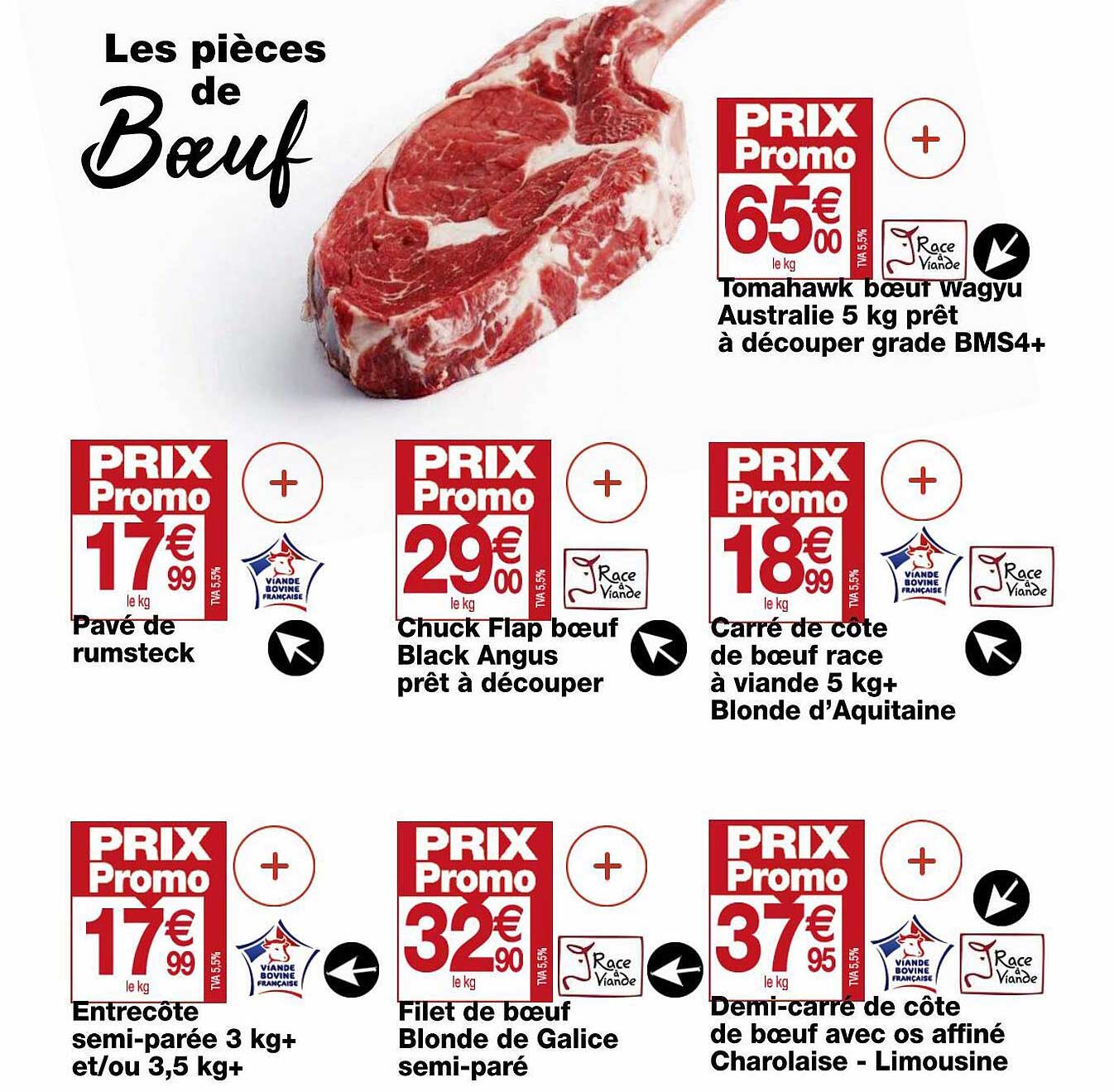 pavé de rumsteck, entrecôte semi-parée 3 kg+ et-ou 3,5 kg+, chuck flap bœuf black angus prêt à découper, filet de bœuf blonde de galice semi-paré, tomahawk bœuf wagyu australie 5 kg prêt à découper