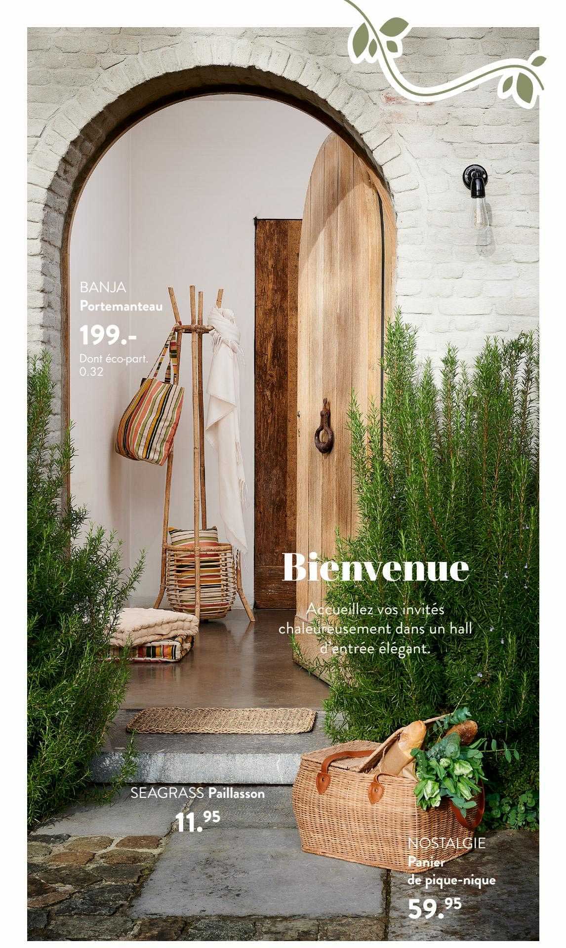 portemanteau banja, paillasson seagrass, panier de pique-nique nostalgie