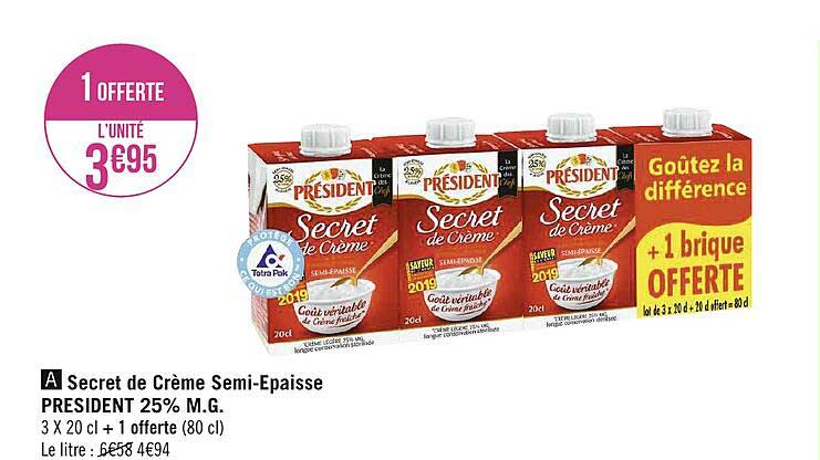 secret de crème semi-épaisse président 25% m.g.