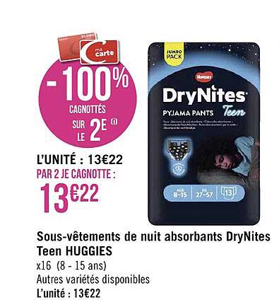 sous-vêtements de nuit absorbants dry nites teen huggies