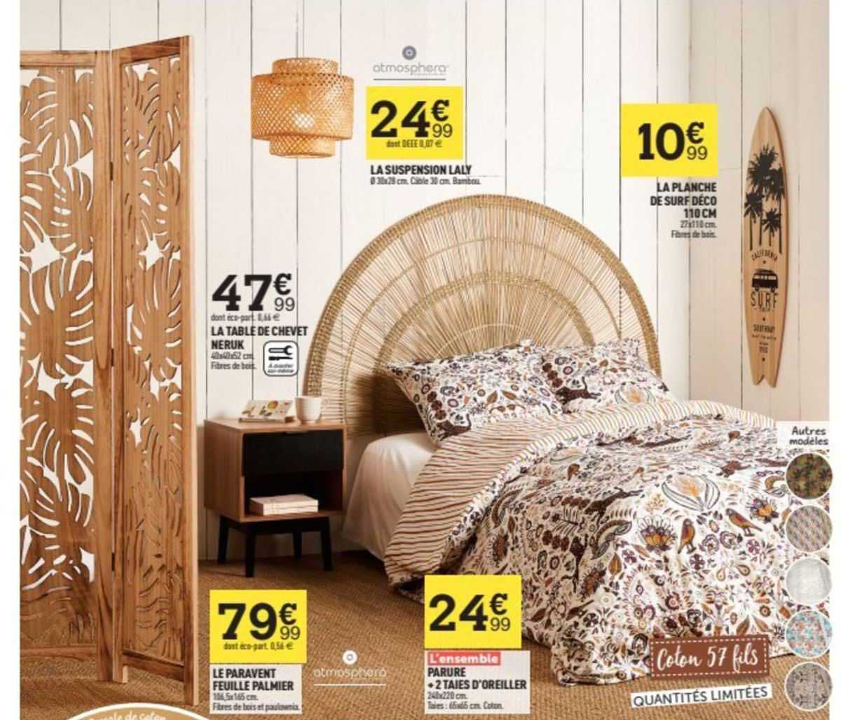 la table de chevet heruk, le paravent feuille palmier, parure + 2 tailles d'oreiller, la suspension laly, la planche de surf déco 110 cm