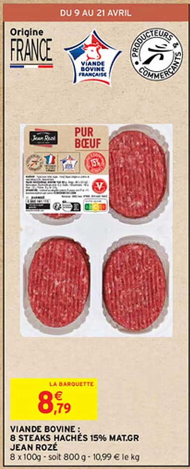 viande bovine : 8 steaks hachés 15% mat.gr. jean rozé