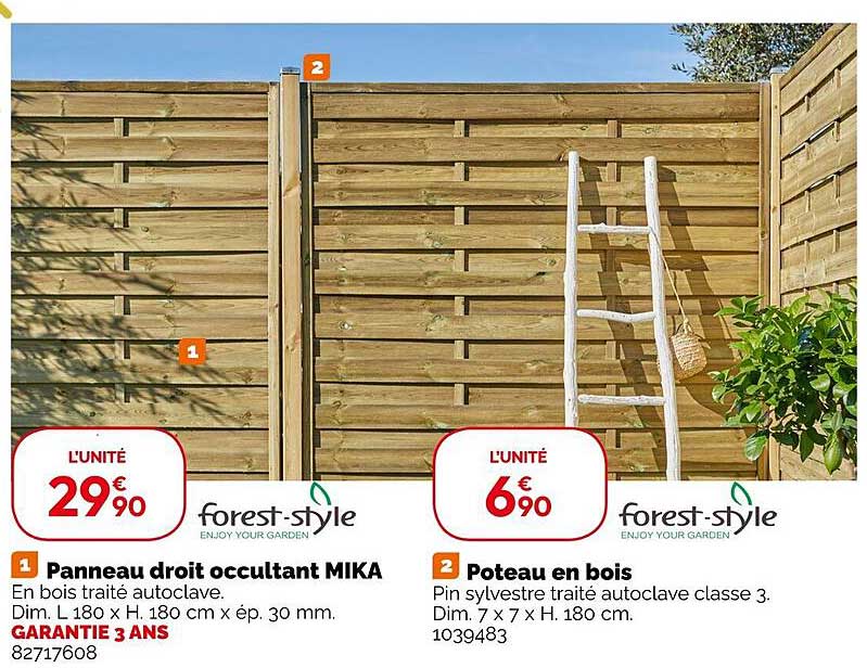 1- panneau droit occultant mika 2- poteau en bois forest-style
