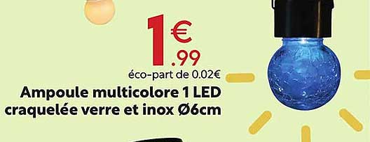 ampoule multicolore 1 led craquelée verre et inox ø 6 cm