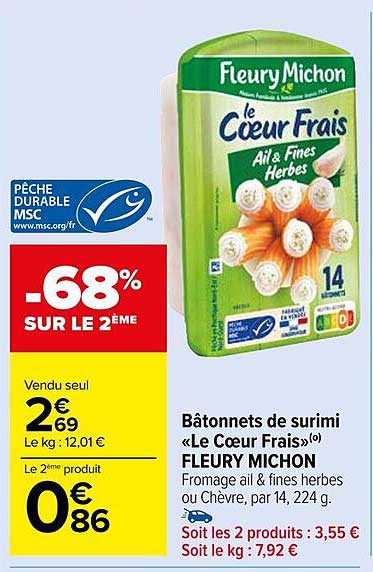 bâtonnets de surimi «le cœur frais» fleury michon