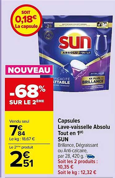 capsules lave-vaisselle absolu tout en 1 sun