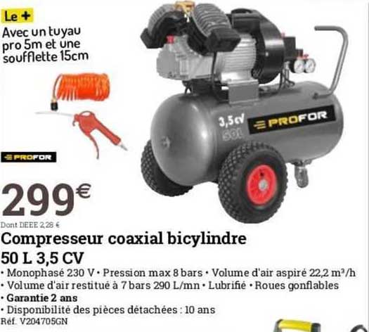compresseur coaxial bicylindre 50 l 3.5 cv profor