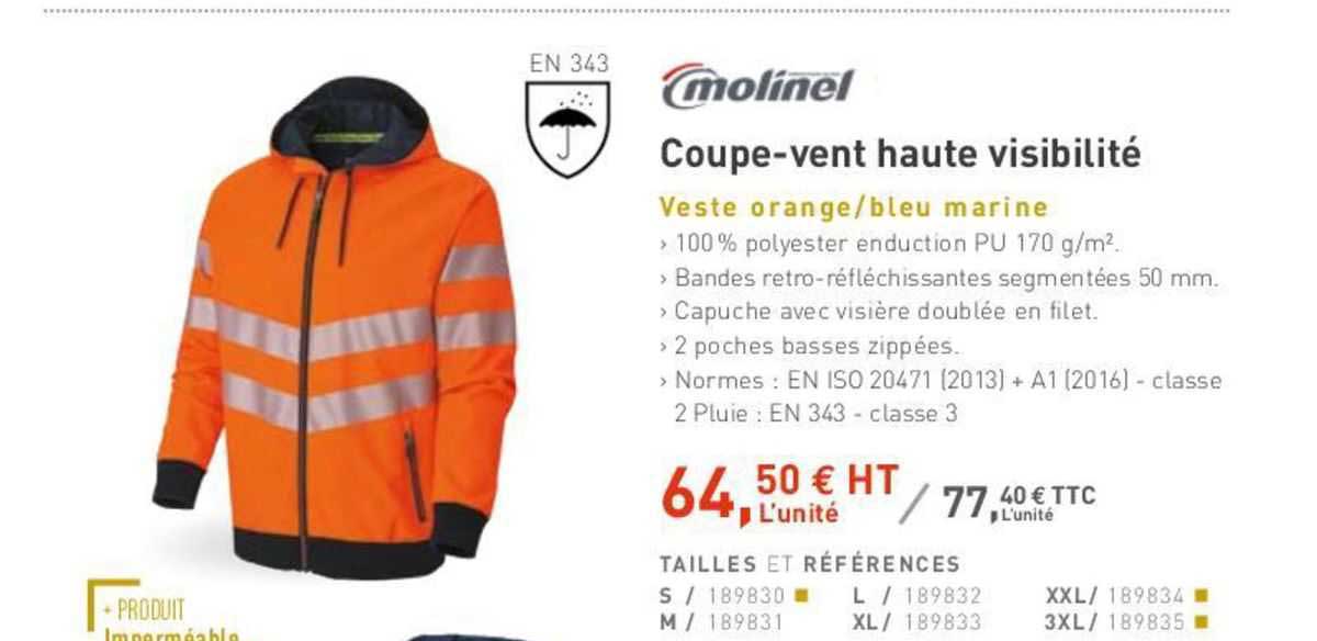 coupe-vent haute visibilité veste orange bleu marien molinel