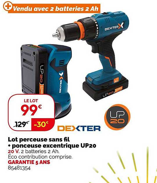 dexter lot perceuse sans fil + ponceuse excentrique up20