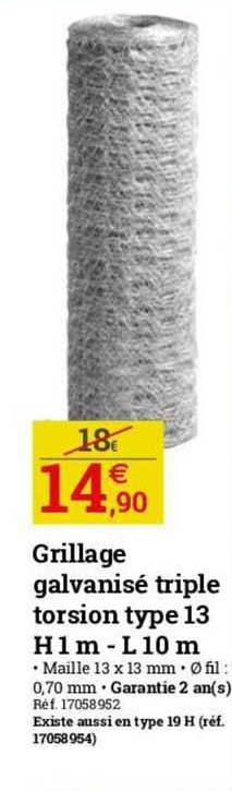 grillage galvanisé triple torsion type 13 h 1 m - l 10 m