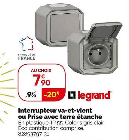 interrupteur va-et-vient ou prise avec terre étanche legrand