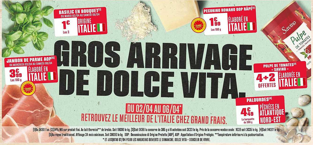 jambon de parme aop, basilic en bouquet, pecorino romano dop râpé, pulpe de tomates «savino», palourdes