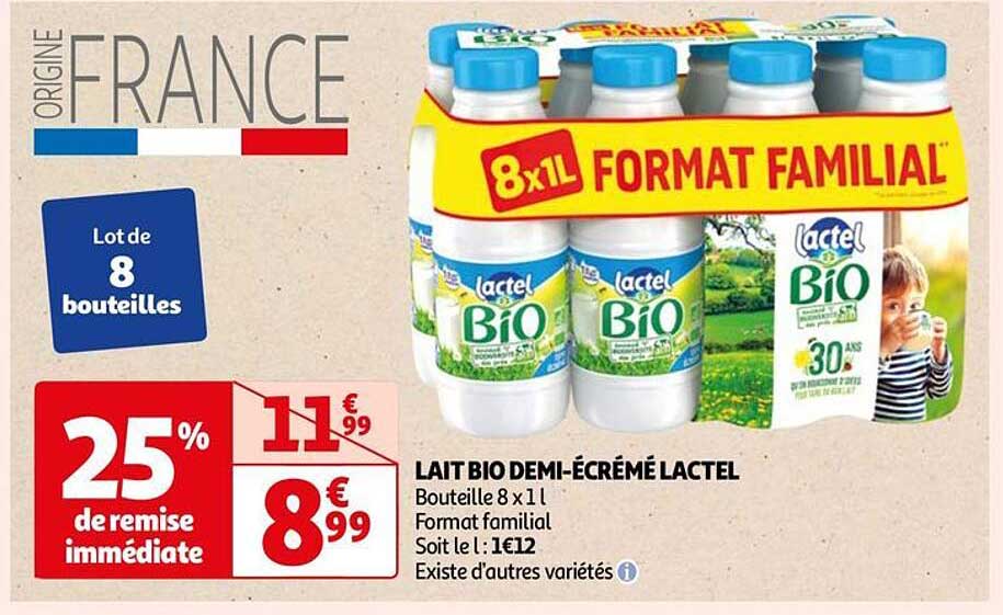 lait bio demi-écrémé lactel