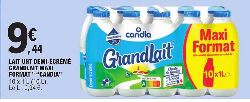 lait uht demi-écrémé grandlait maxi format "candia"