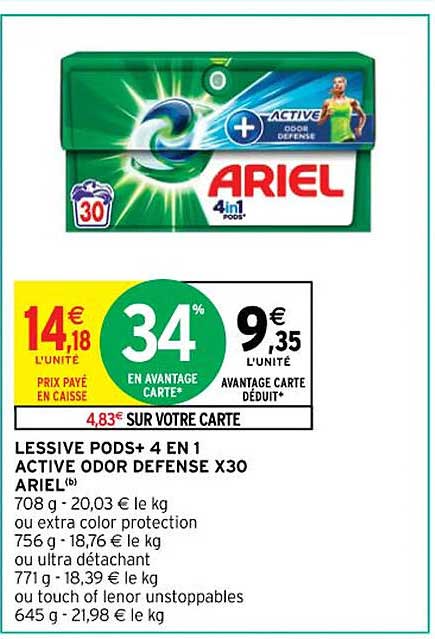 lessive pods+ 4 en 1 active odor defense x30 ariel