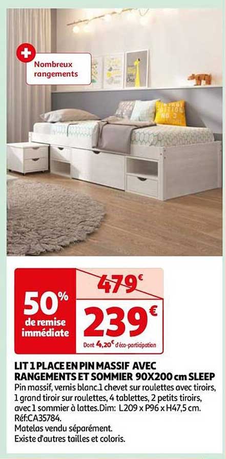 lit 1 place en pin massif avec rangement et sommier 90x200 cm sleep