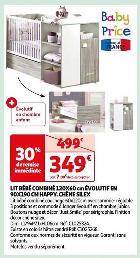 lit bébé combiné 120x60 cm évolutif en 90x190 cm happy - chêne silex