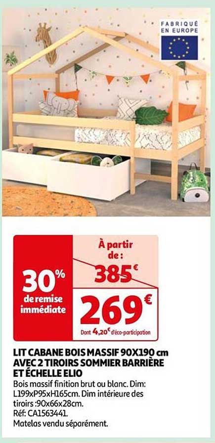 lit cabane bois massif 90x190 cm avec 2 tiroirs sommier barrière et échelle elio