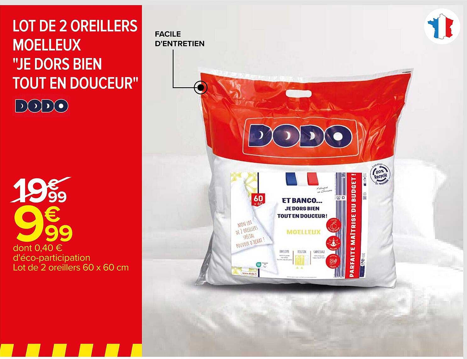 lot de 2 oreillers moelleux "je dors bien tout en douceur"