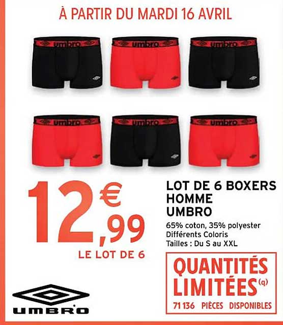 Lot De 6 Boxers Homme Umbro