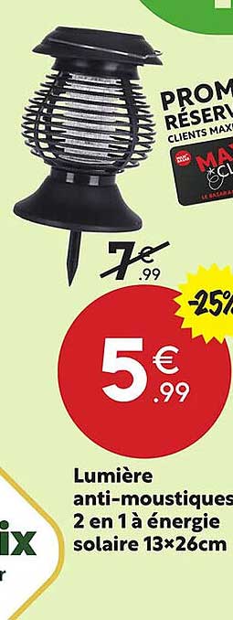lumière anti-moustiques 2 en 1 à énergie solaire 13 x 26 cm