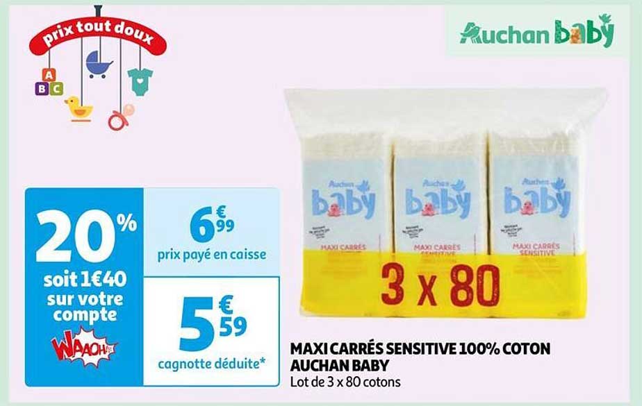 Maxi Carrés Sensitive 100% Coton Auchan Baby