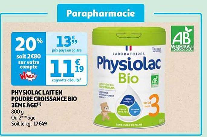 physiolac lait en poudre croissance bio 3ème âge