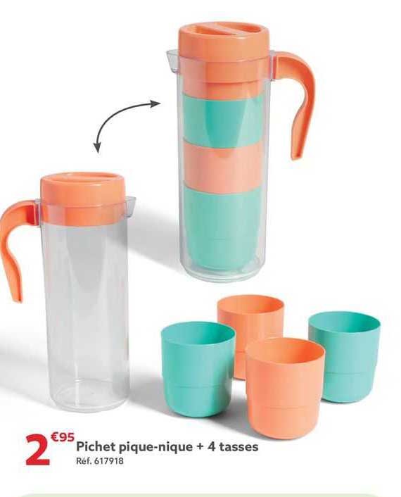 pichet pique-nique + 4 tasses