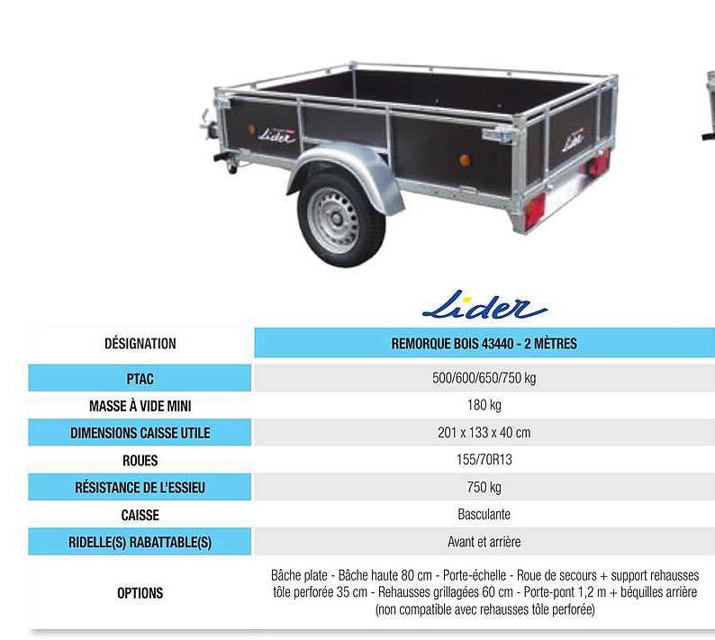 remorque bois 43440 - 2 mètres lider