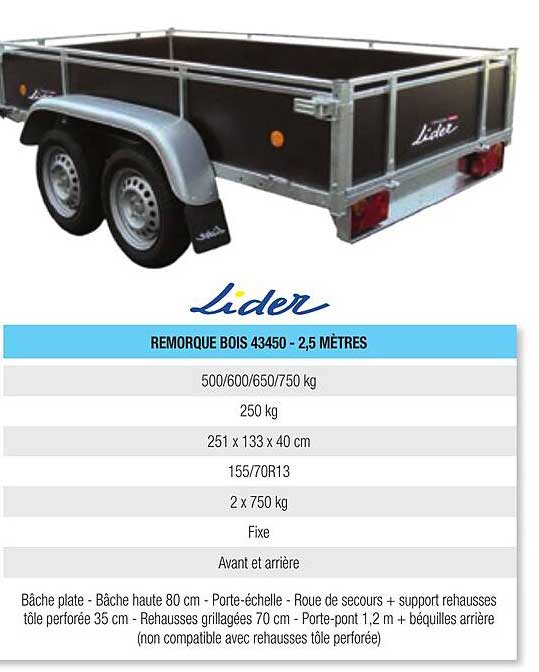remorque bois 43450 - 2,5 mètres lider