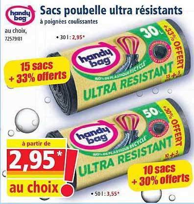 sacs poubelle ultra résistants à poignées coulissantes handy bag