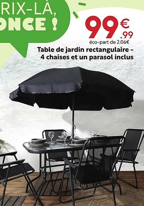 table de jardin rectangulaire - 4 chaises et un parasol inclus
