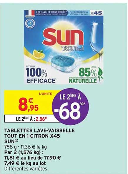 tablettes lave-vaisselle tout en 1 citron x45 sun