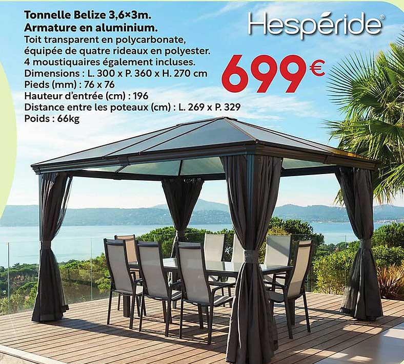tonnelle belize 3,6 x 3 m armature en alumium